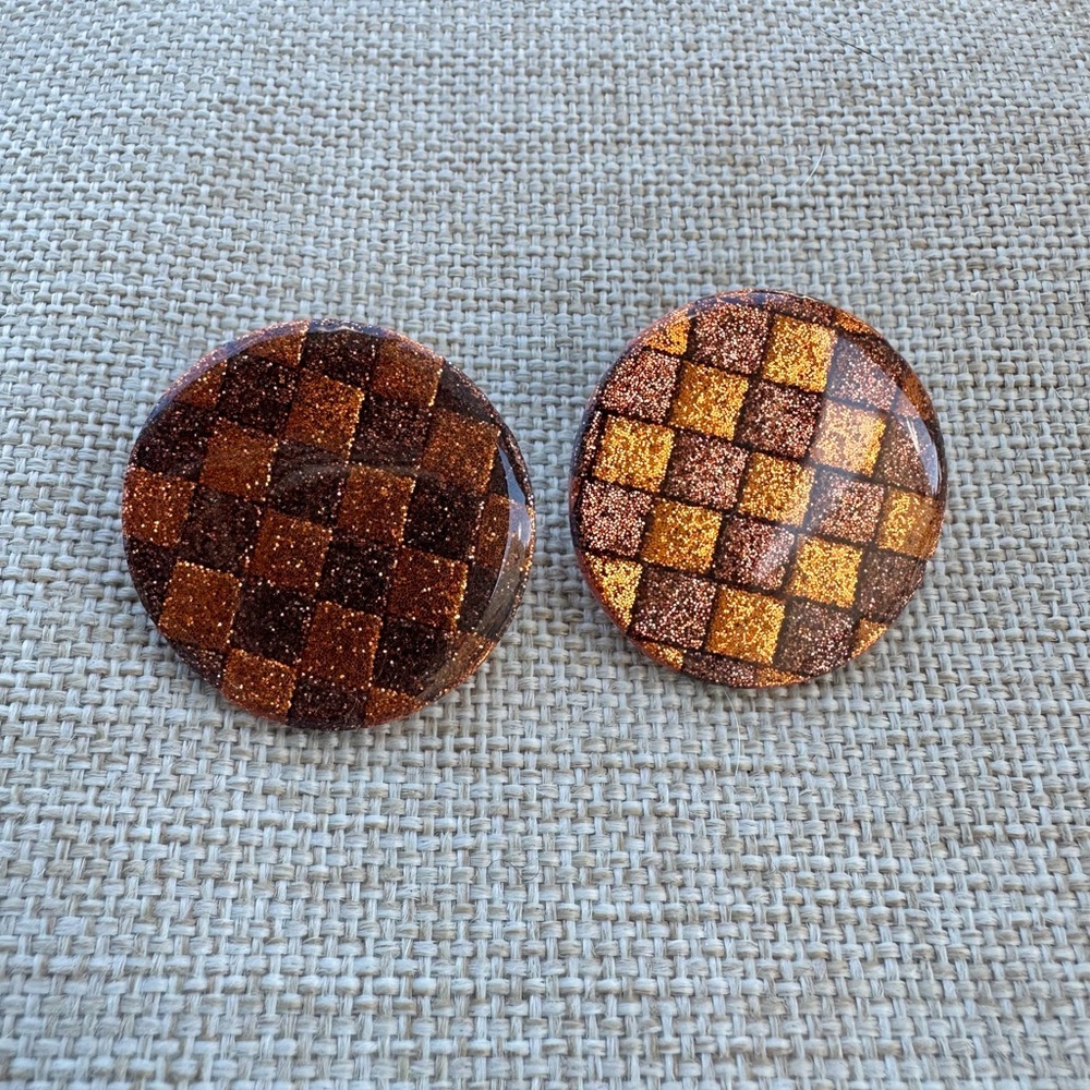 Checkered Polymer Clay Copper and Brown Button Earrings